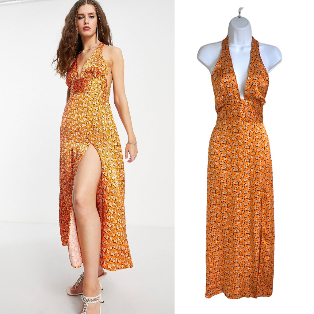 Topshop Orange Floral Halter Neck Midi Dress Nwt